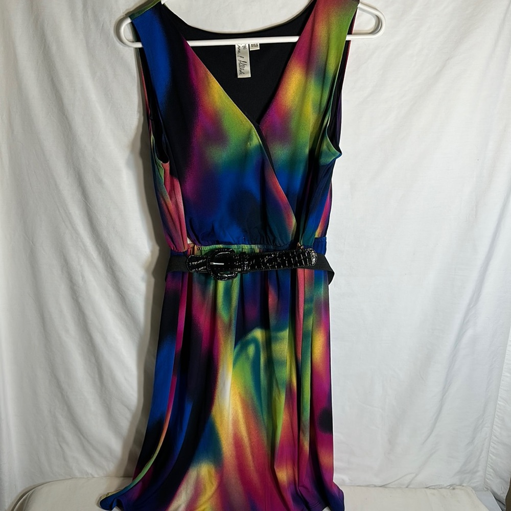 Emma & Michele Rainbow Swirl Belted V-Neck Tank Dress- Size Large